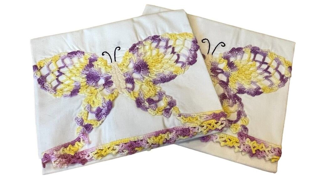 Set NWOT Vintage Hand Crocheted Butterfly Pillowcases 21 x 30” Purple Yellow